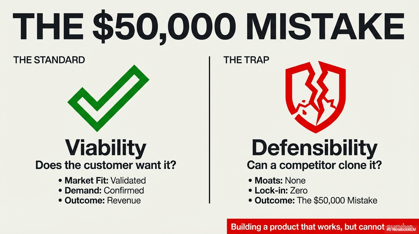 The $50,000 Problem — building something structurally replaceable because nobody asked about defensibility