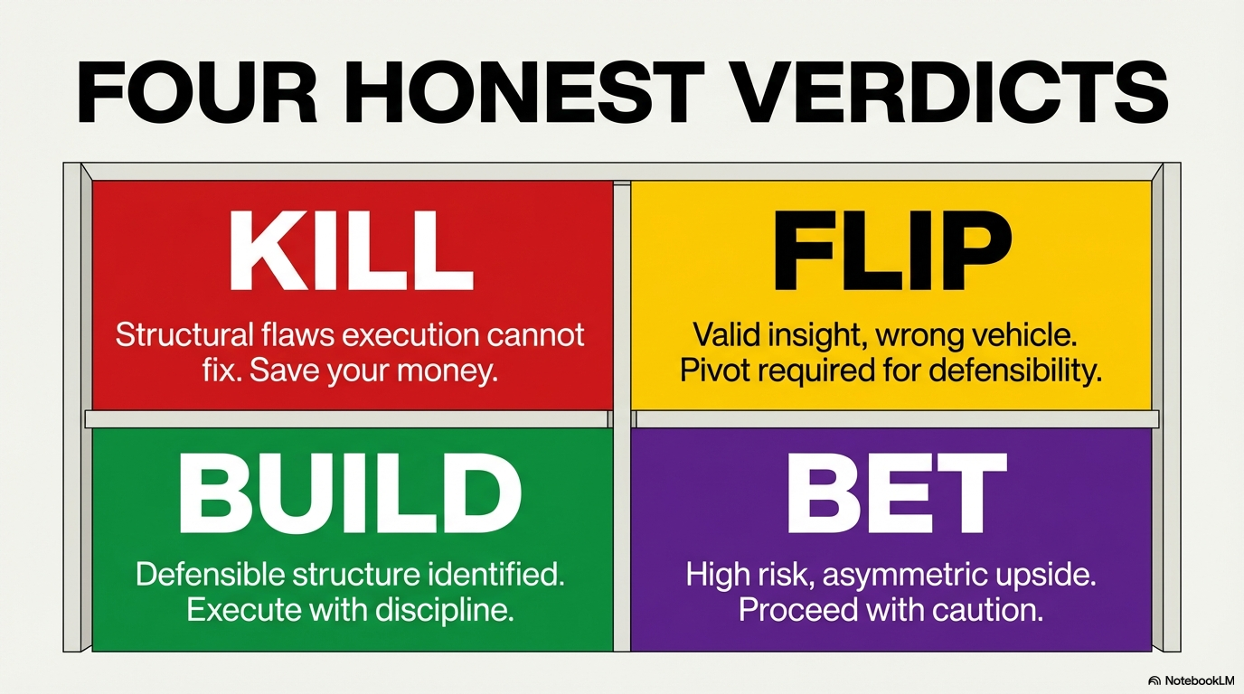 Four Verdicts, Zero Diplomacy — KILL, FLIP, BUILD, or BET with confidence scores